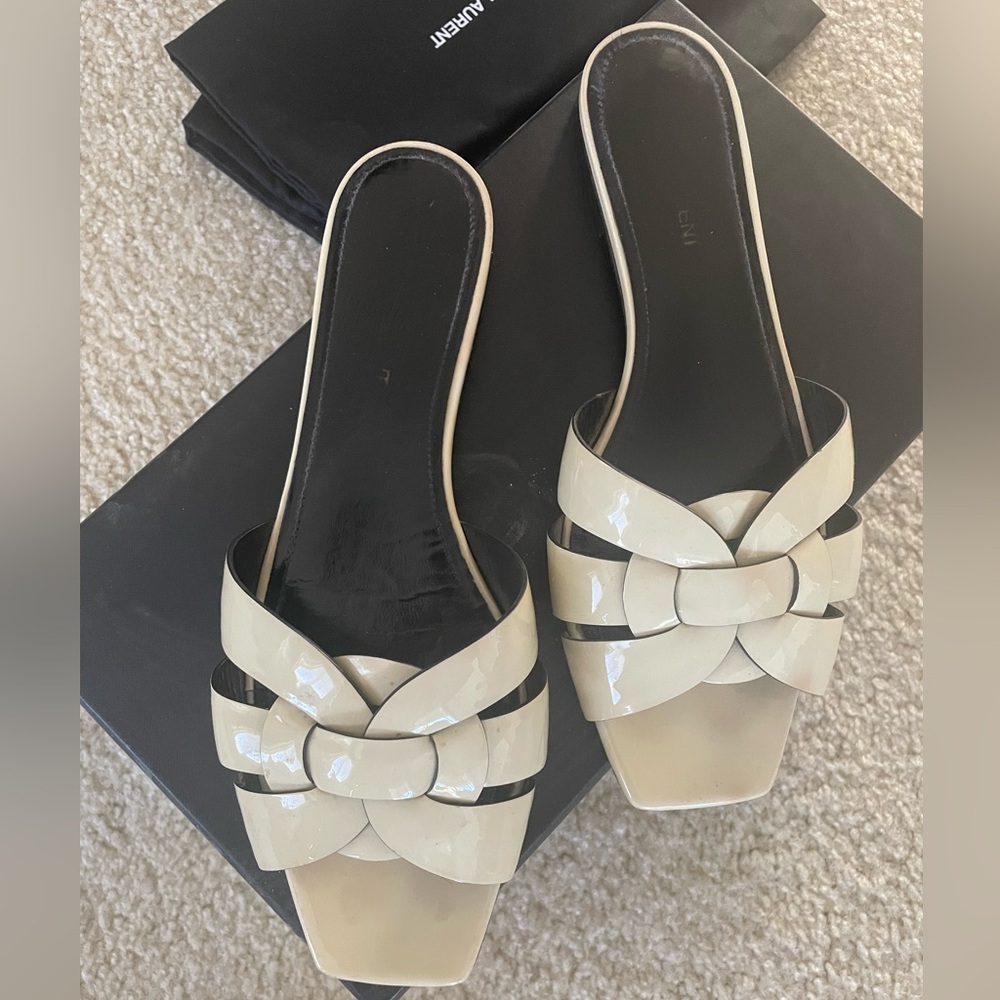 Saint Laurent Cream Patent Leather Tribute Sandals